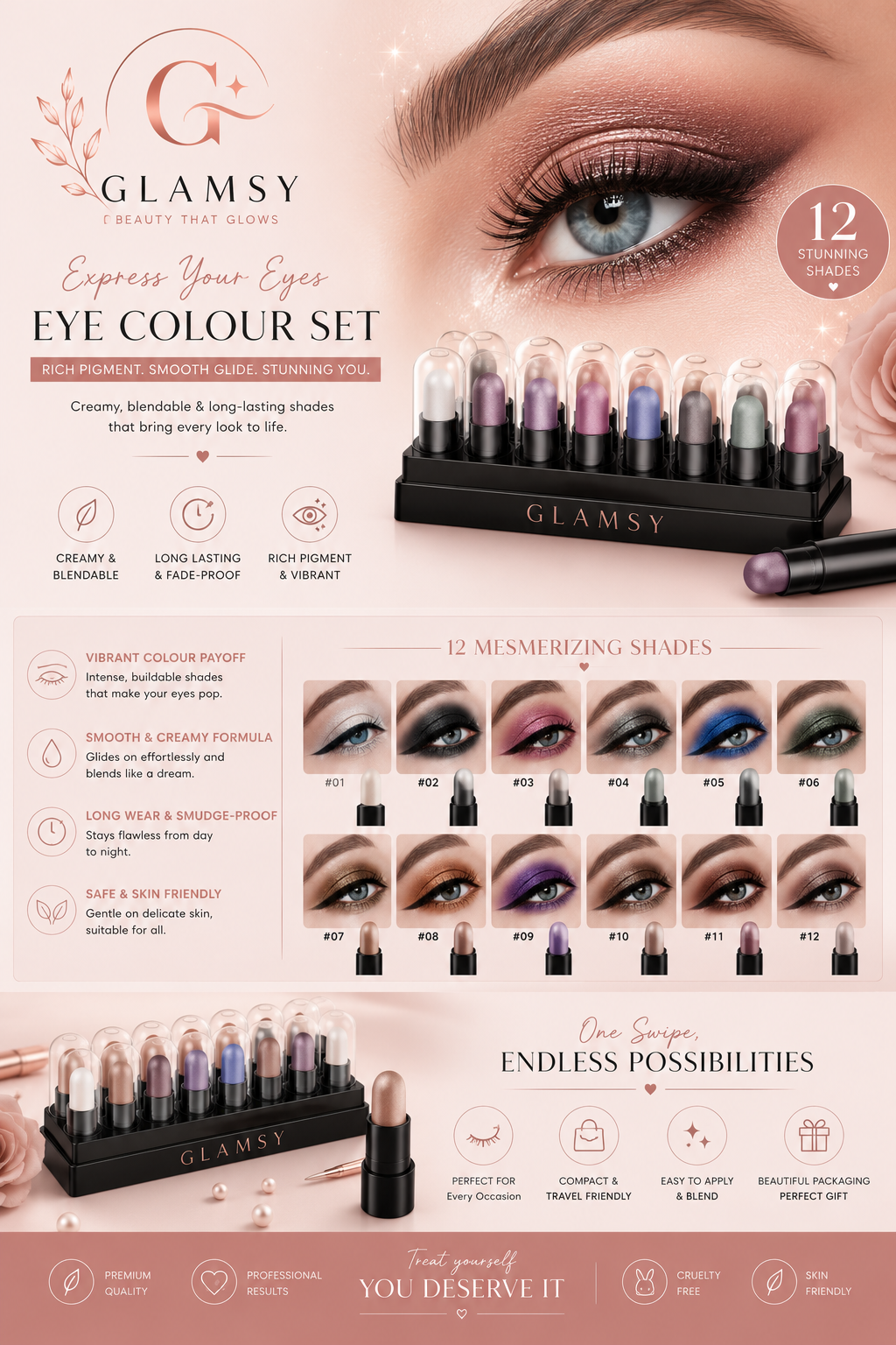 GLAMSY 12-Color Eyeshadow Stick Collection